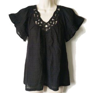 NWT $88 Crinkle Gauze Short Flutter Sleeve Peasant Blouse S Black